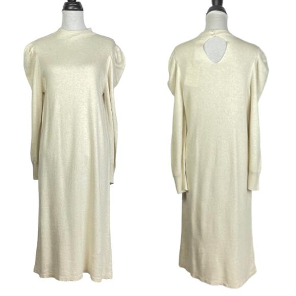 Who What Wear | NWT Birch Cream Mock Neck Puff Long Sleeve Midi Sweater Dress - Picture 1 of 9